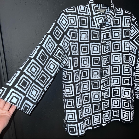 Vintage Allison Daley Blouse Shirt Top Button Up Black White Geometric Pads 8P - Picture 10 of 12